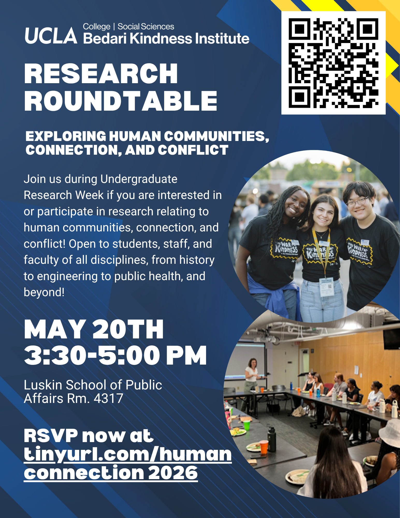 Research Roundtable poster featuring three students smiling in a group and a classroom with an instructor and college students.