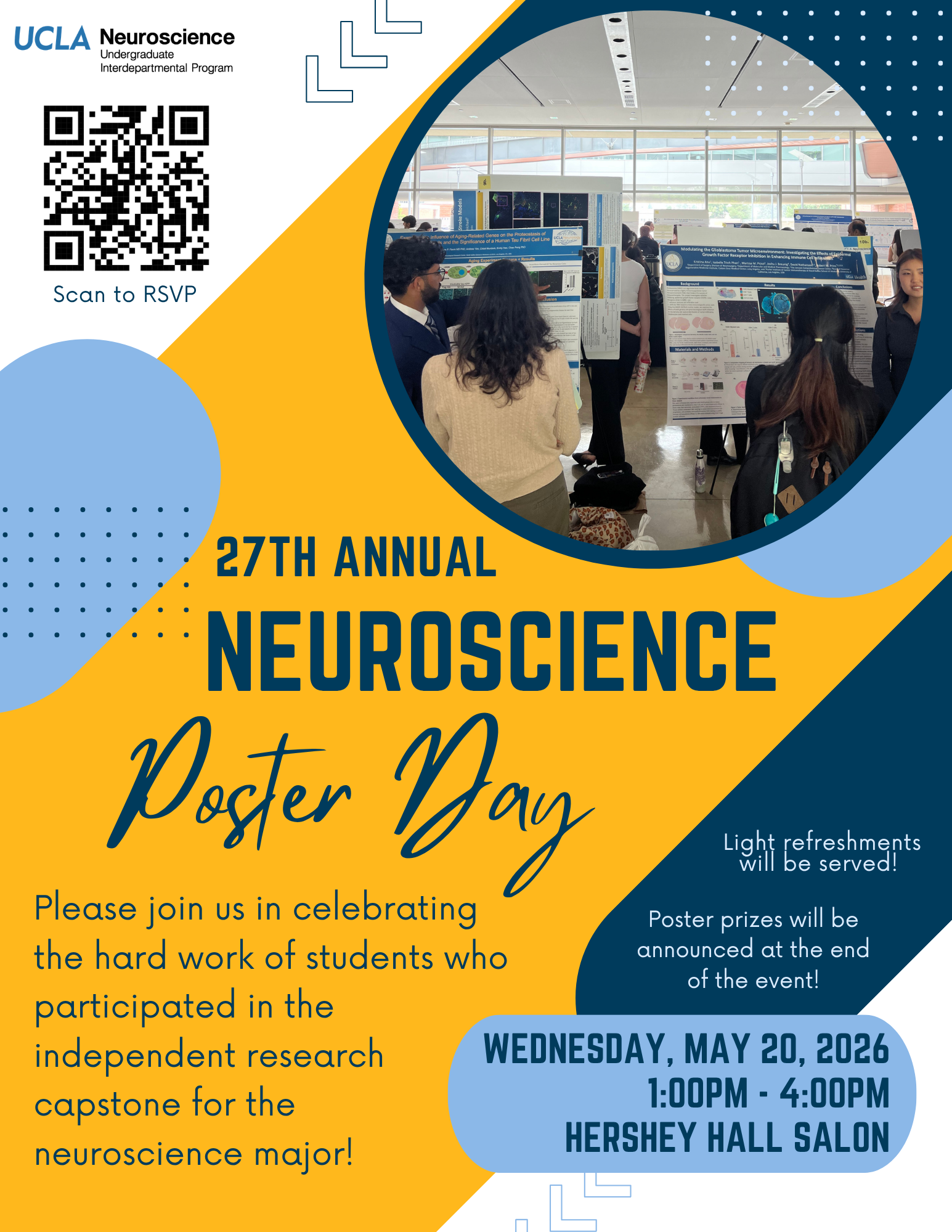 27th Annual Neuroscience Poster Day Flyer for May 20, 1pm-4pm.